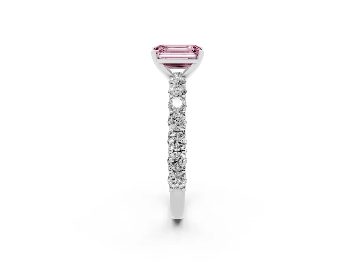 Fancy Pink Emerald Cut Diamond Solitaire Ring with Shared Prong Pavé Band and Four-Prong Setting Silver