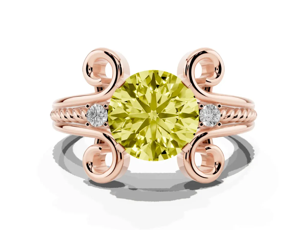 Fancy Yellow Round Cut Solitaire Twisted Band Scroll Prong Ring Rose gold