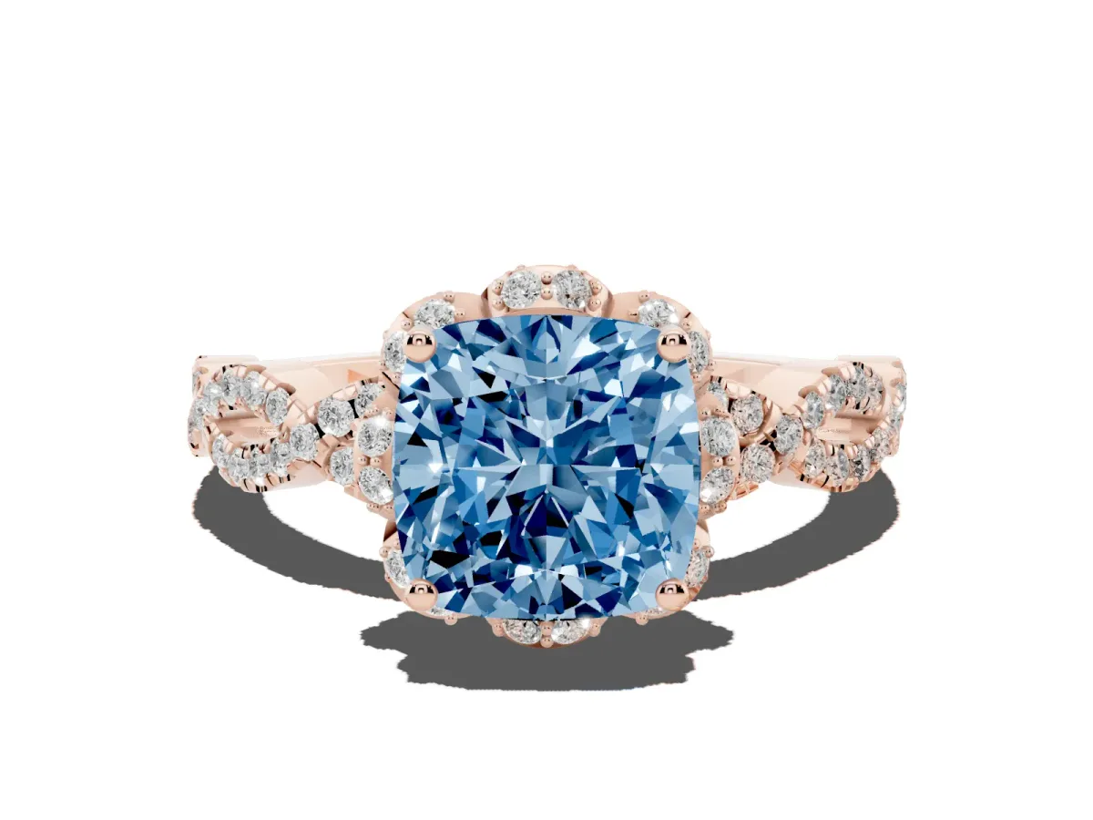 Fancy Blue Cushion Cut Halo Twist Band Solitaire Ring with Six-Prong Setting Rose gold
