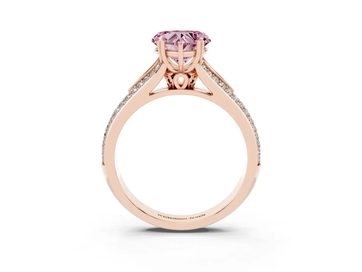 Fancy Pink Heart Cut Diamond Split Shank Engagement Ring with Pavé Band Rose gold