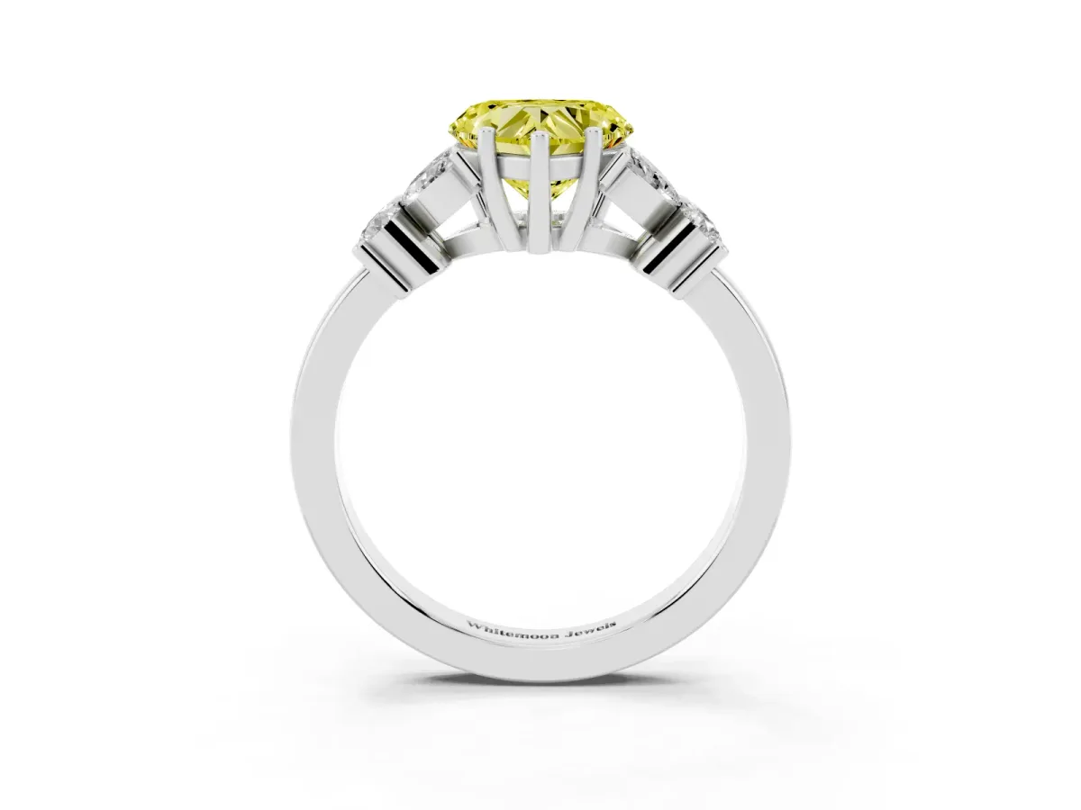 Fancy Yellow Heart Cut Diamond Floral Cluster Ring with Solitaire Band and Prong Setting Silver
