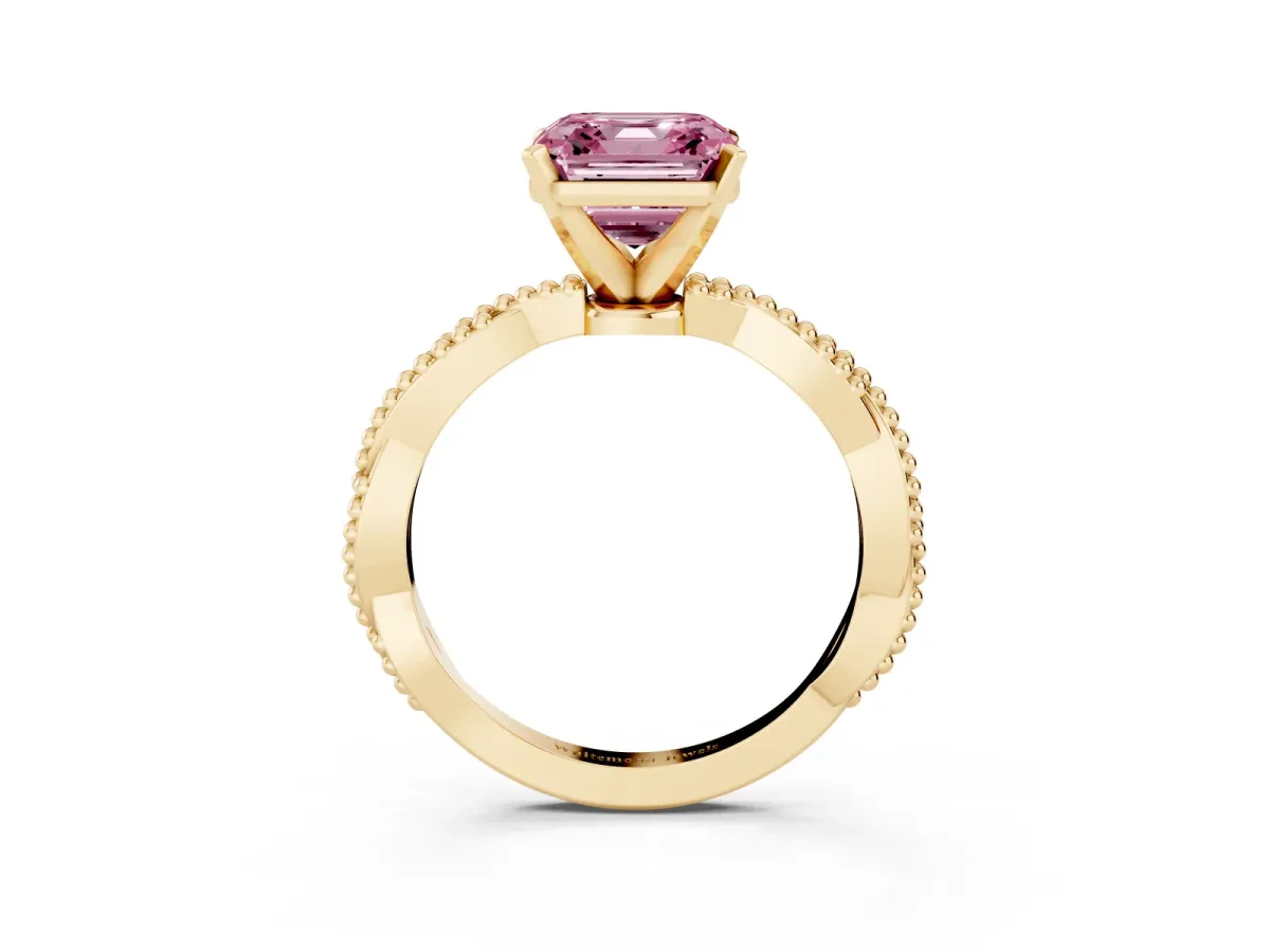 Fancy Pink Asscher Cut Solitaire Twisted Band with Bead Prong Setting Yellow gold