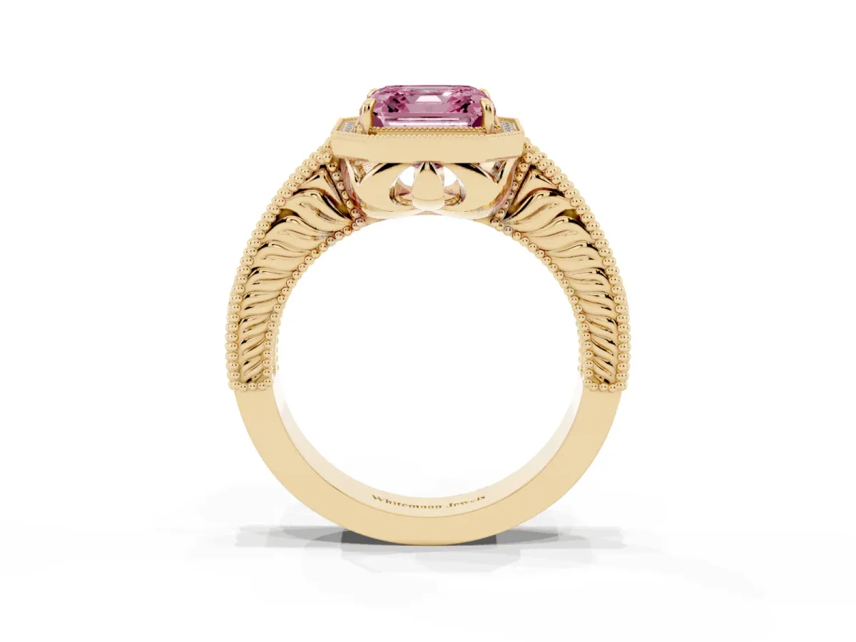 Fancy Pink Asscher Cut Cut Halo Diamond Ring with Pavé Band and Four-Prong Setting Yellow gold