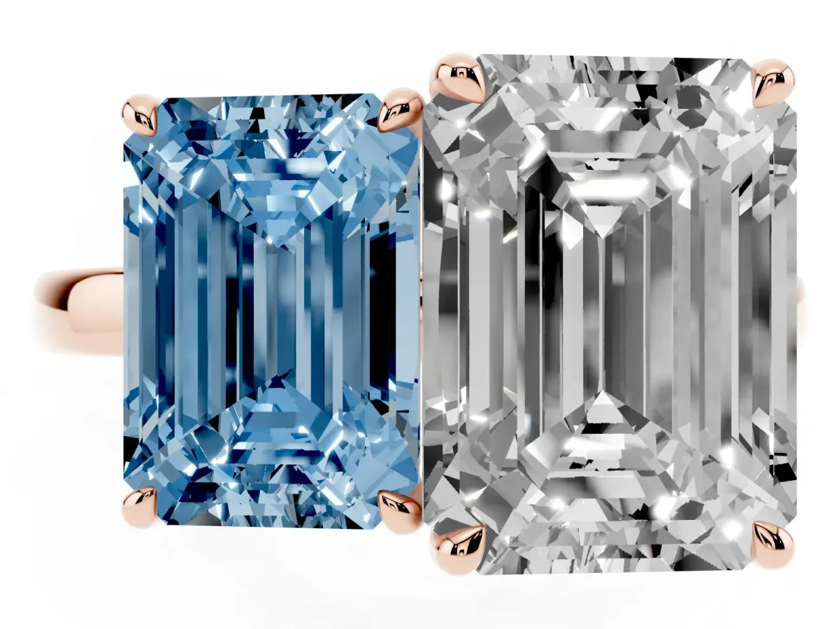 Fancy Blue Emerald Cut and Emerald Cut Toi Moi Ring with Prong Setting Rose gold