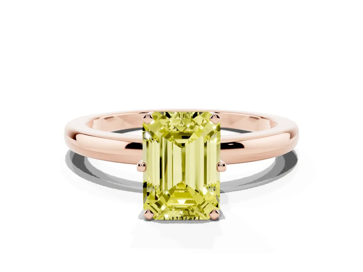 Fancy Yellow Emerald Cut Solitaire Diamond Ring with Six-Prong Setting on a Classic Band Rose gold