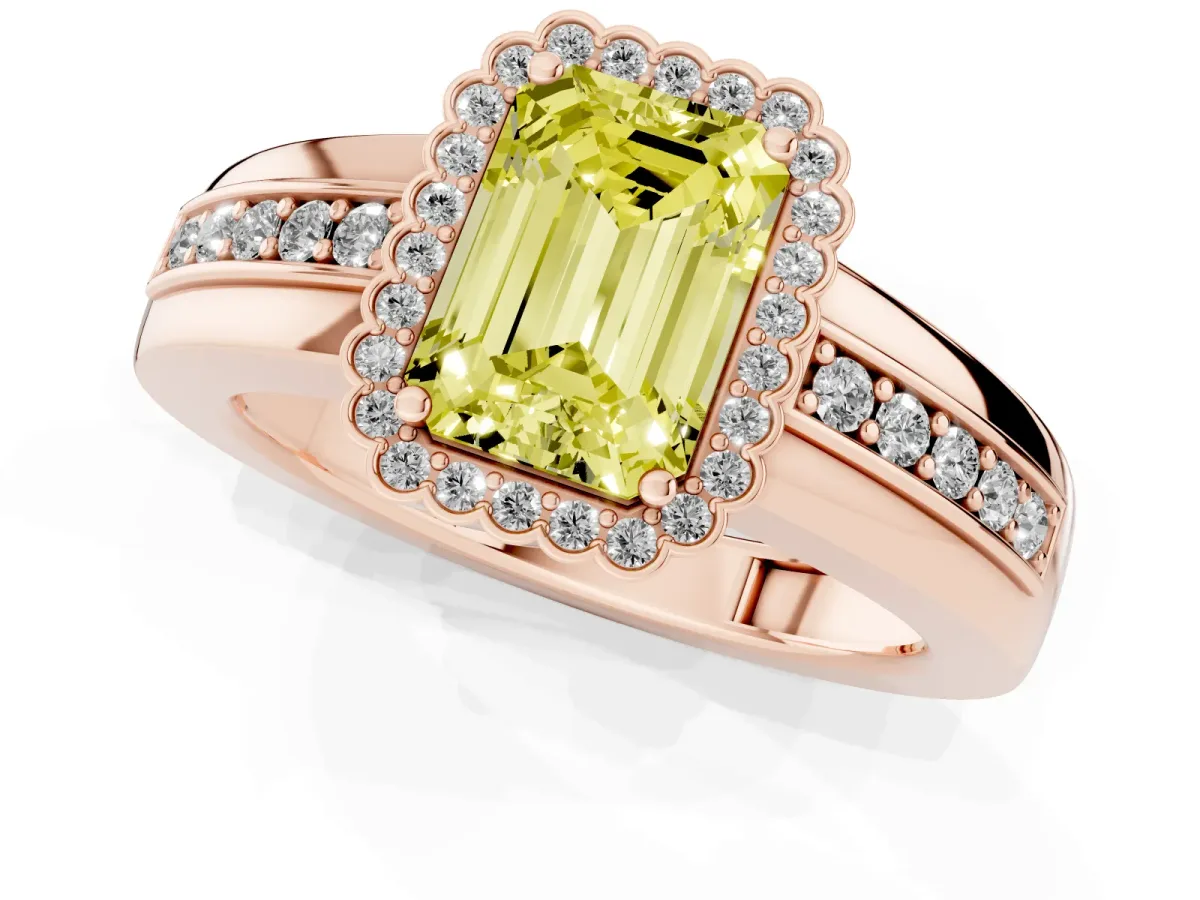 Fancy Yellow Emerald Cut Cut Halo Pave Band Four-Prong Ring Rose gold
