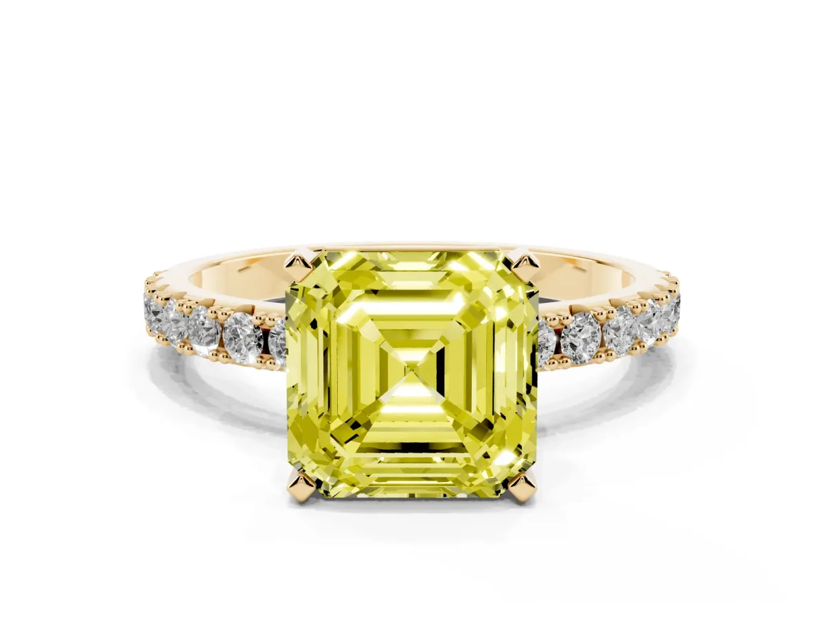 Fancy Yellow Asscher Cut Diamond Solitaire Pavé Band with Four-Prong Setting Yellow gold