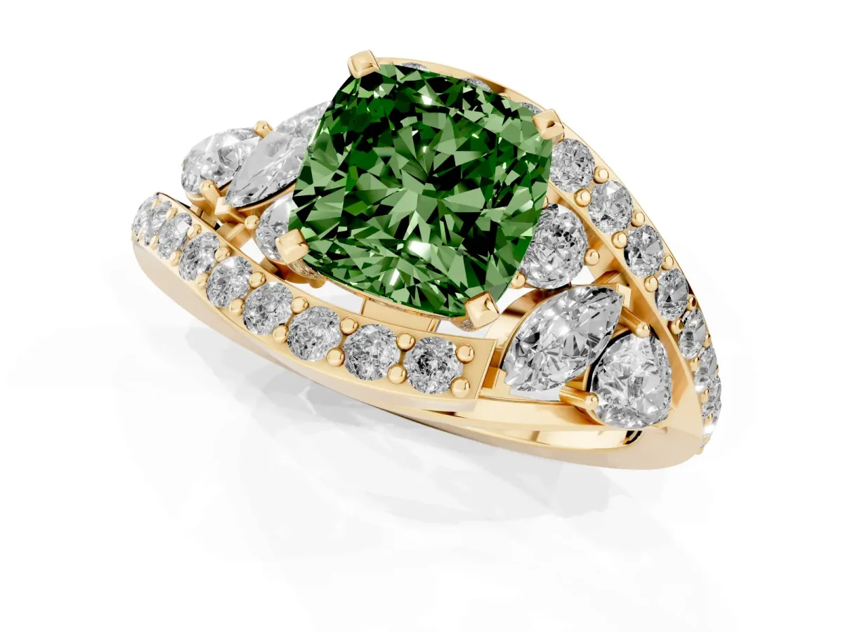Fancy Green Cushion Cut Diamond Halo Ring with Marquise and Pavé Band in Prong Setting Yellow gold