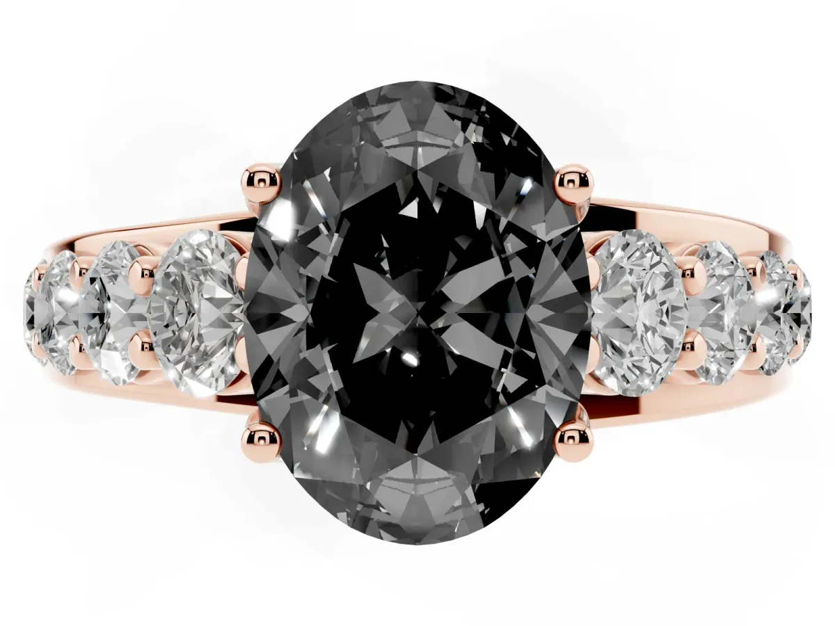 Fancy Black Oval Cut Diamond Engagement Ring with Pavé Band and Four-Prong Setting Rose gold