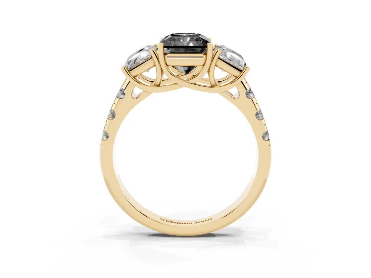 Fancy Black Three-Stone Radiant Cut Diamond Pavé Band with Prong Setting Yellow gold