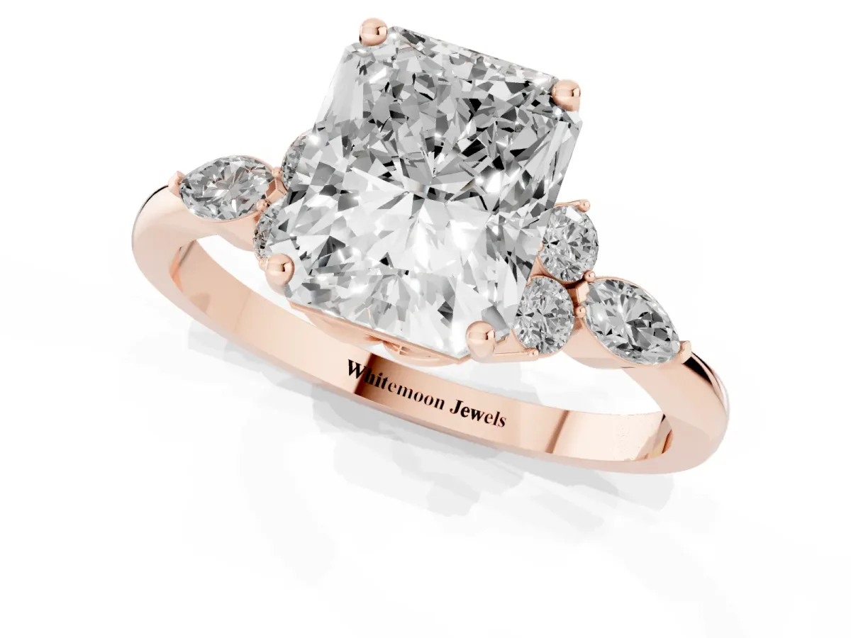 Radiant Cut Brilliant Diamond Solitaire Ring with Pear Side Stones and Four-Prong Setting Rose gold
