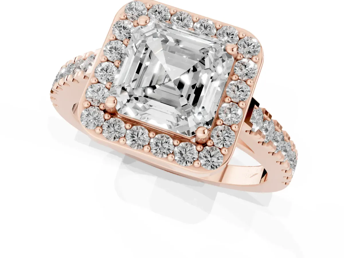 Asscher Cut Diamond Halo Ring with Round Pavé Split Shank and Prong Setting Rose gold