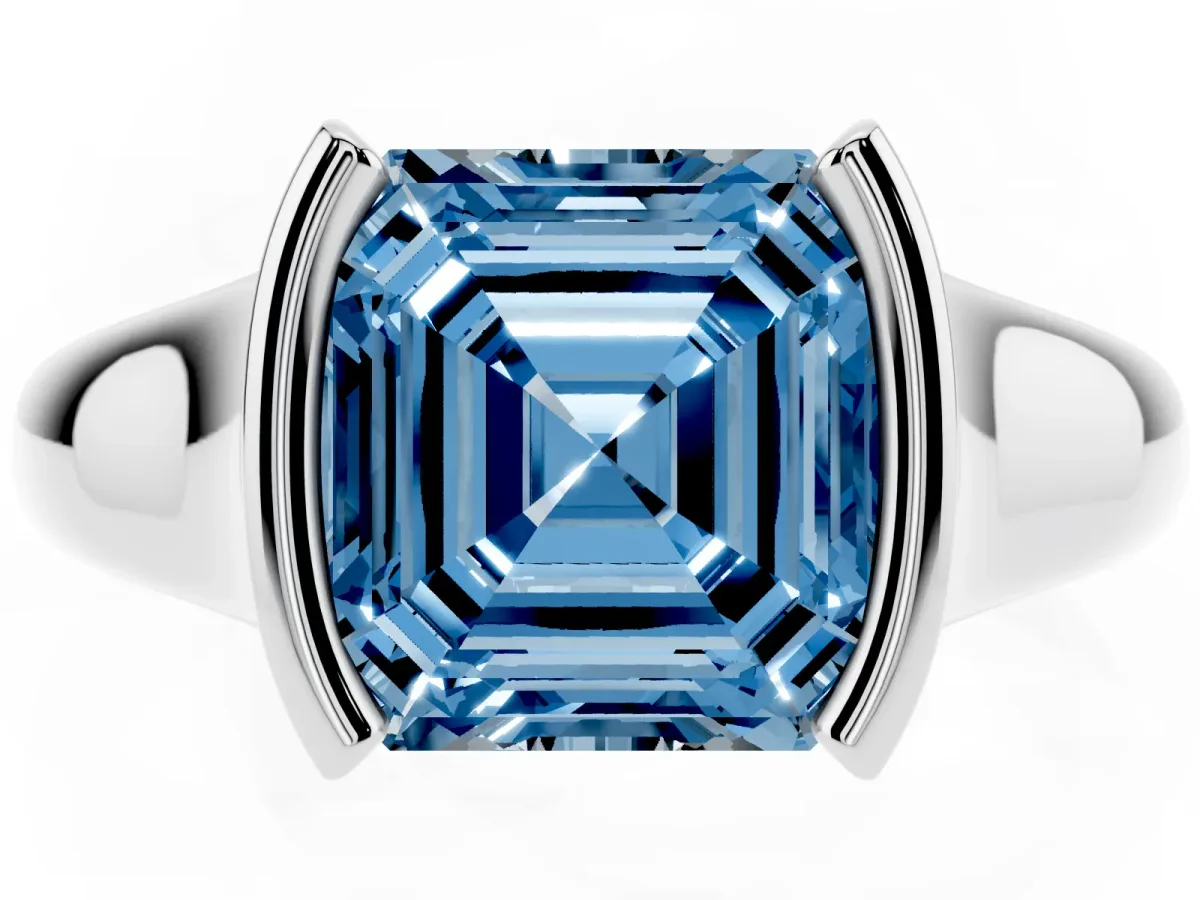 Fancy Blue Asscher Cut Solitaire Tension Set Diamond Ring with Split Shank Band Silver