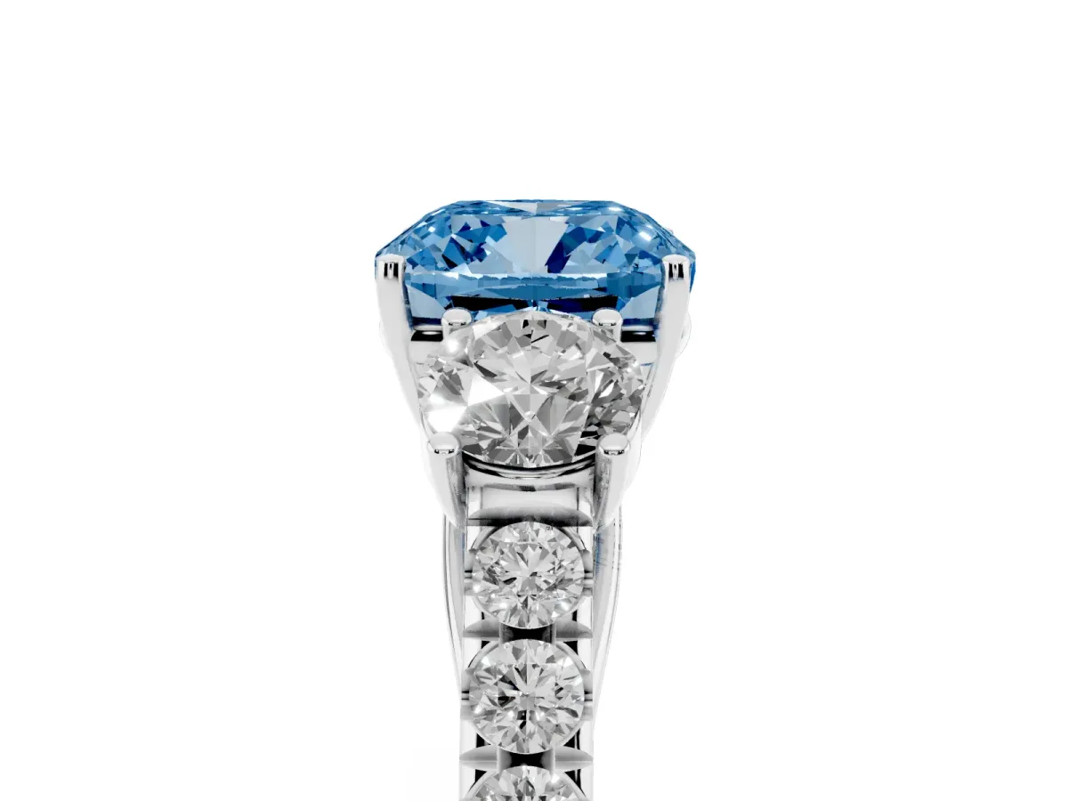 Fancy Blue Cushion Cut Cut Diamond Three-Stone Ring with Round Side Stones and Pavé Band Silver
