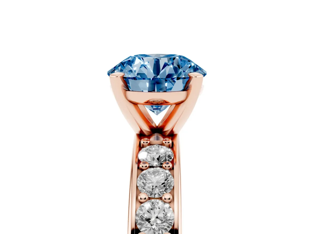 Fancy Blue Round Cut Diamond Engagement Ring with Channel Set Round Band and Prong Setting Rose gold