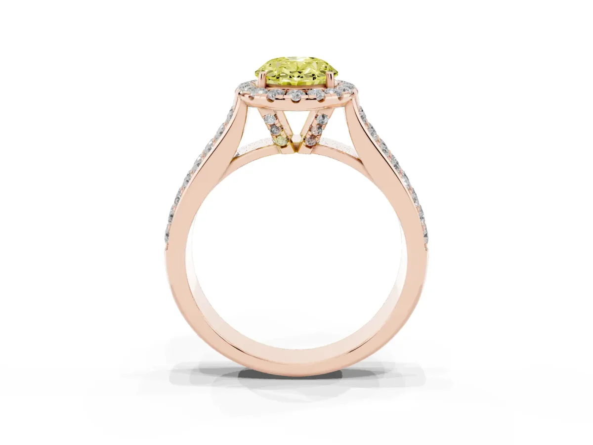 Fancy Yellow Oval Cut Halo Round Diamond Pave Band with Prong Setting Rose gold