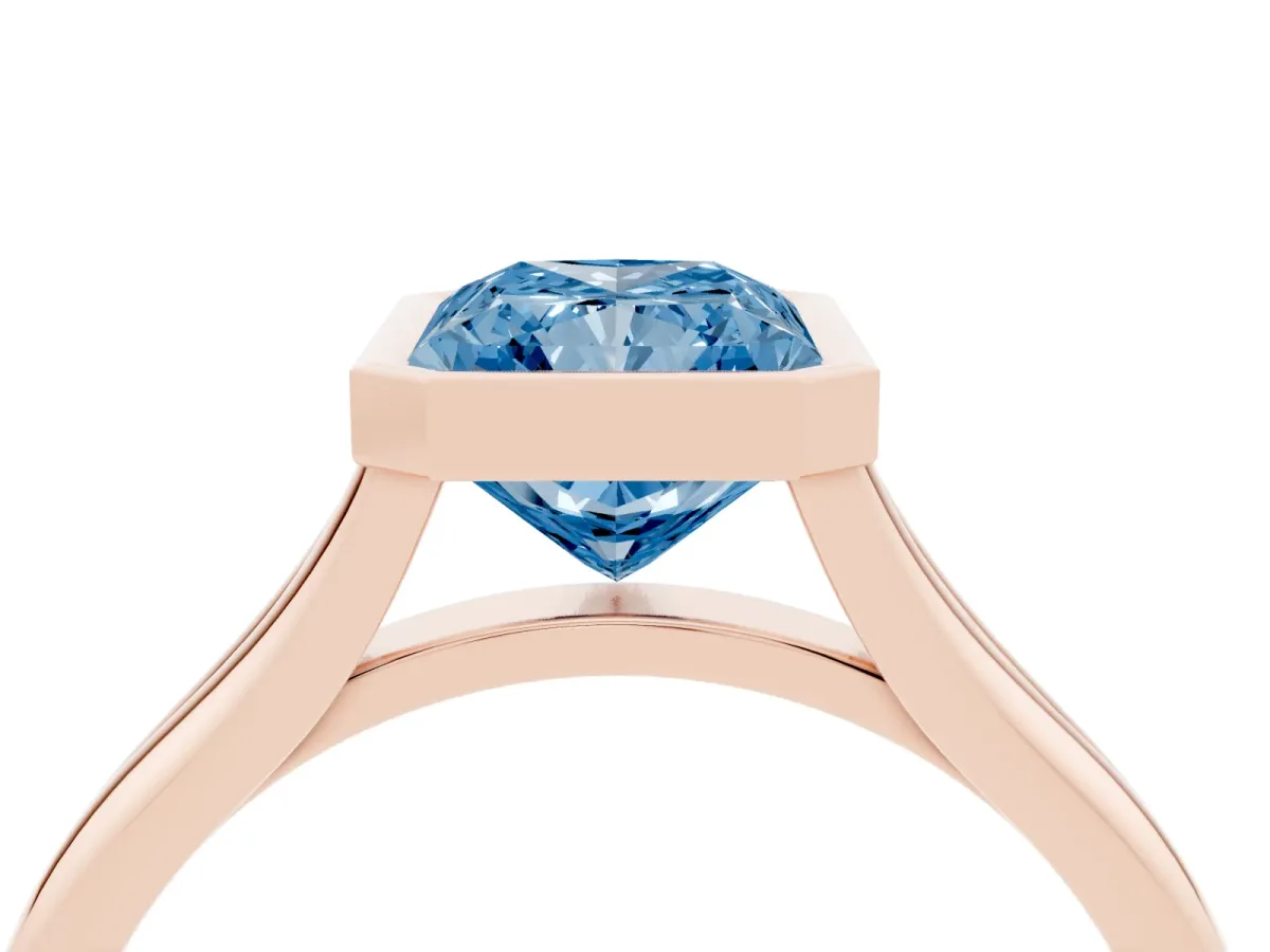 Fancy Blue Bezel Set Radiant Cut Cut Solitaire Ring with Tapered Band Rose gold