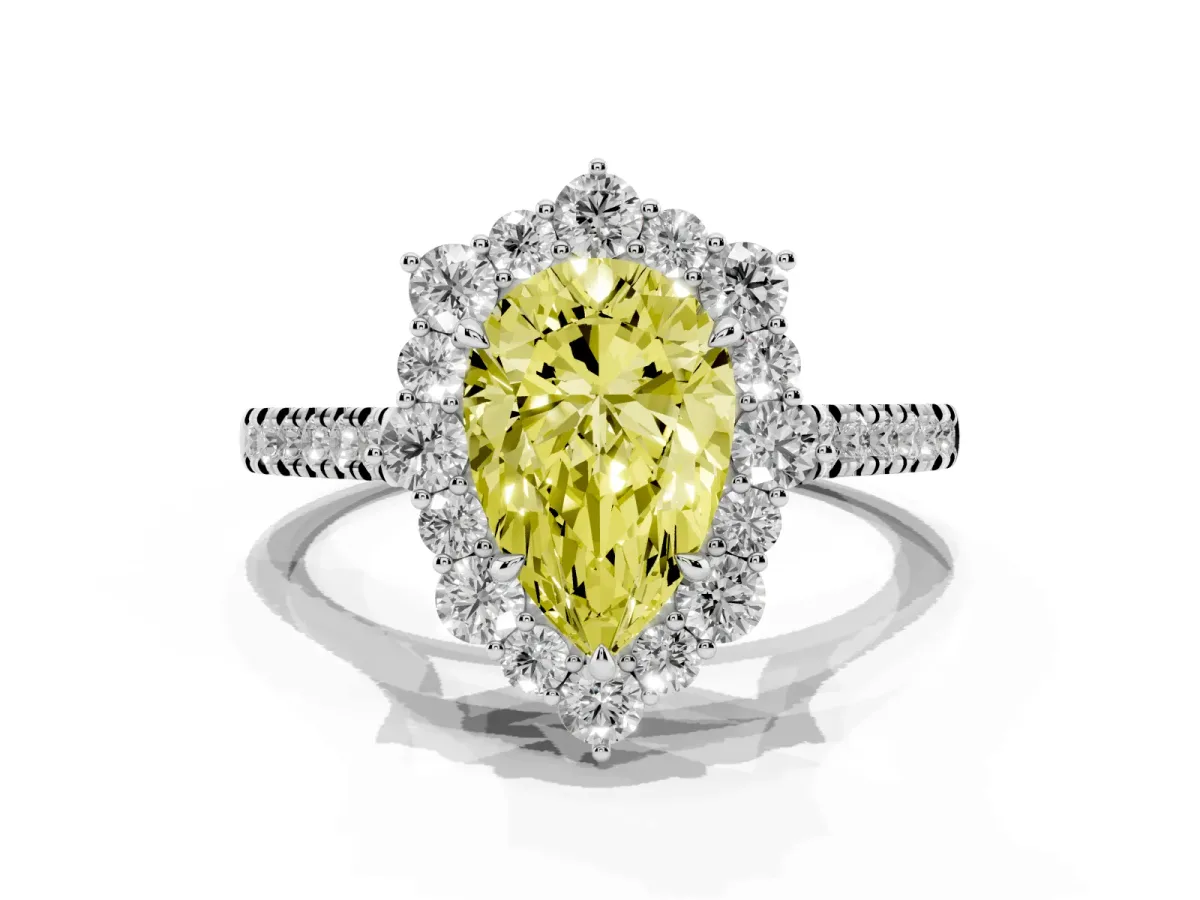 Fancy Yellow Pear Cut Halo Diamond Ring with Pavé Band and Prong Setting Silver