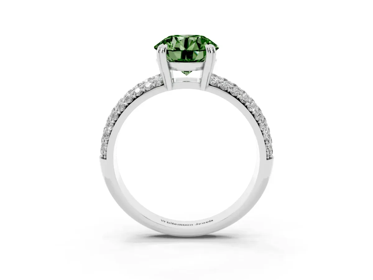 Fancy Green Round Cut Diamond Solitaire Ring with Multi-Row Round Pavé Band and Prong Setting Silver
