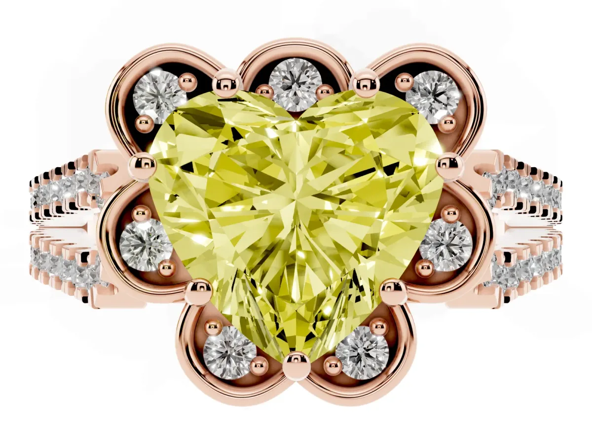 Fancy Yellow Heart Cut Halo Diamond Floral Split Shank Engagement Ring Rose gold