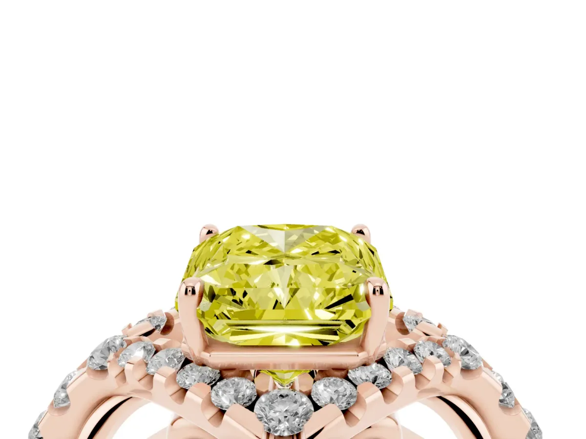 Fancy Yellow Radiant Cut Diamond Solitaire Ring with Hidden Halo and Pavé Band Rose gold