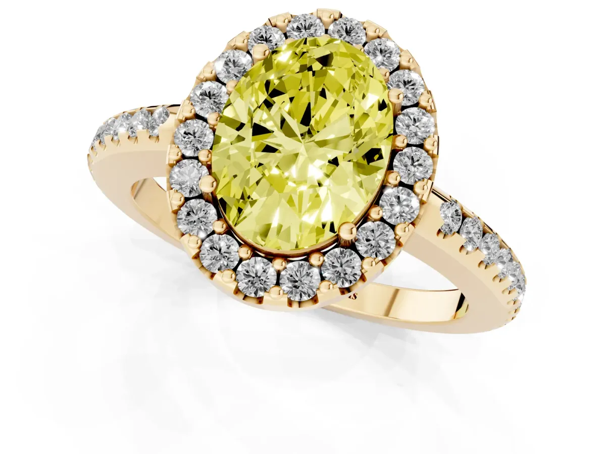 Fancy Yellow Oval Cut Diamond Pavé Halo Ring with Four-Prong Setting Yellow gold