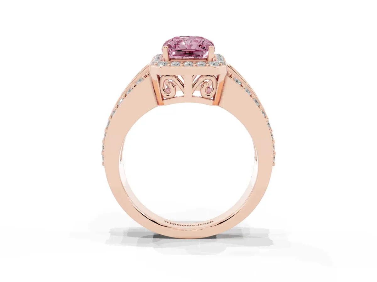 Fancy Pink Radiant Cut Halo Diamond Ring with Round Split Shank and Prong Setting Rose gold