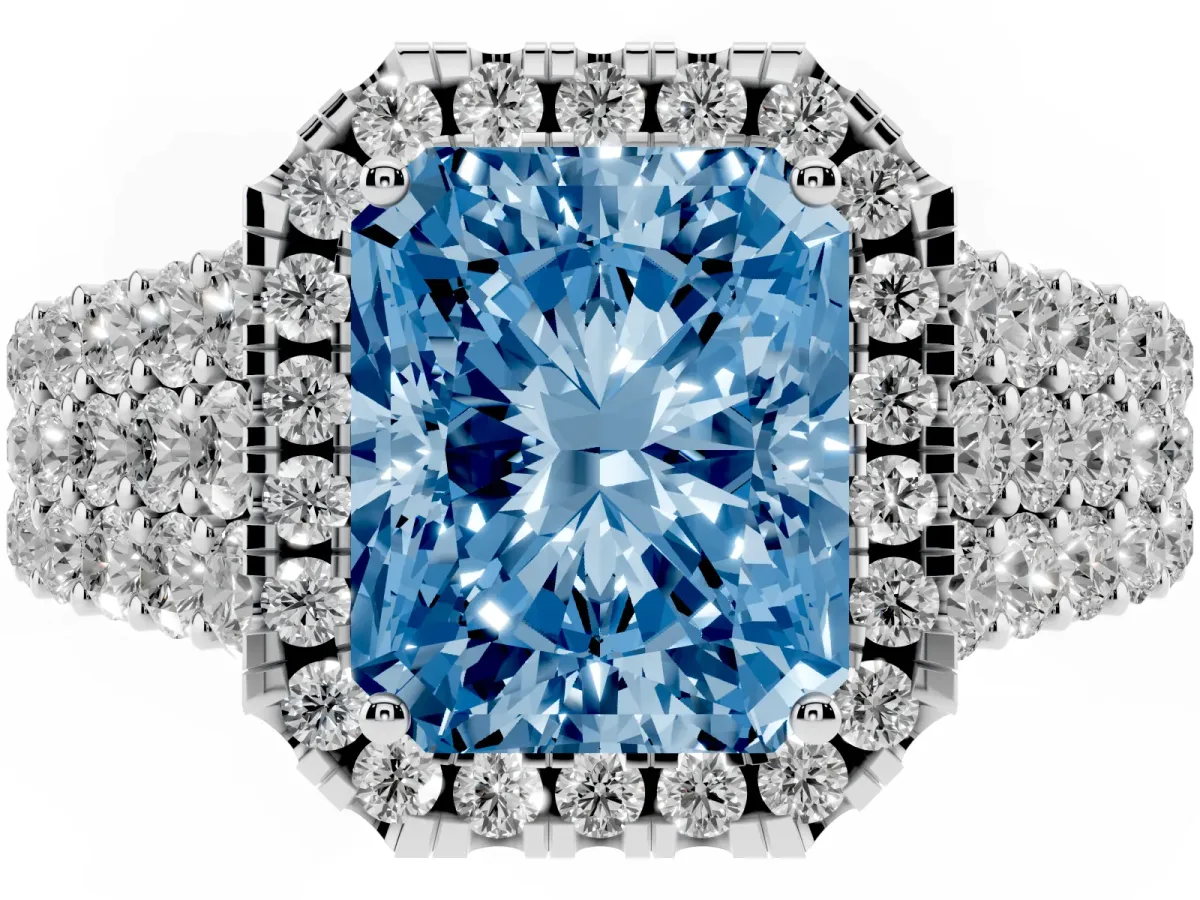 Fancy Blue Radiant Cut Diamond Halo Engagement Ring with Triple Row Round Pavé Band and Prong Setting White gold