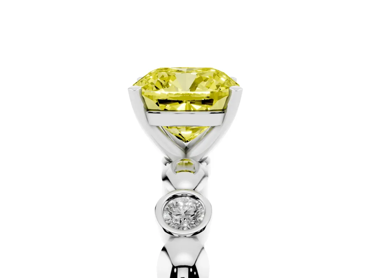 Fancy Yellow Cushion Cut Solitaire Bezel-Set Diamond Ring with Beaded Band and Four-Prong Setting Silver
