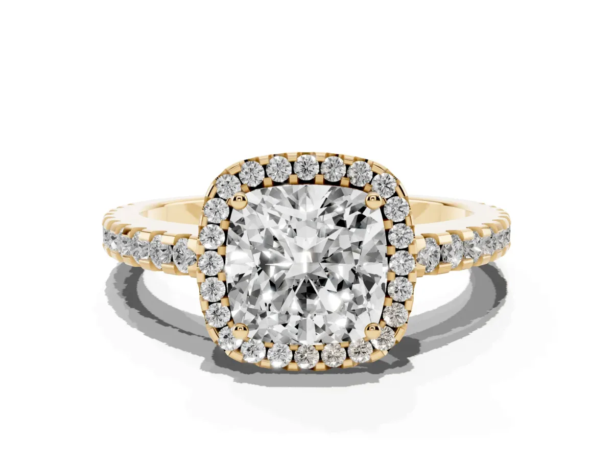 Cushion Cut Diamond Halo Engagement Ring with Pavé Band and Prong Setting Yellow gold