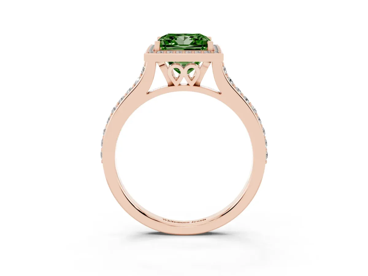 Fancy Green Princess Cut Diamond Halo Engagement Ring with Round Pavé Shoulders and Prong Setting Rose gold