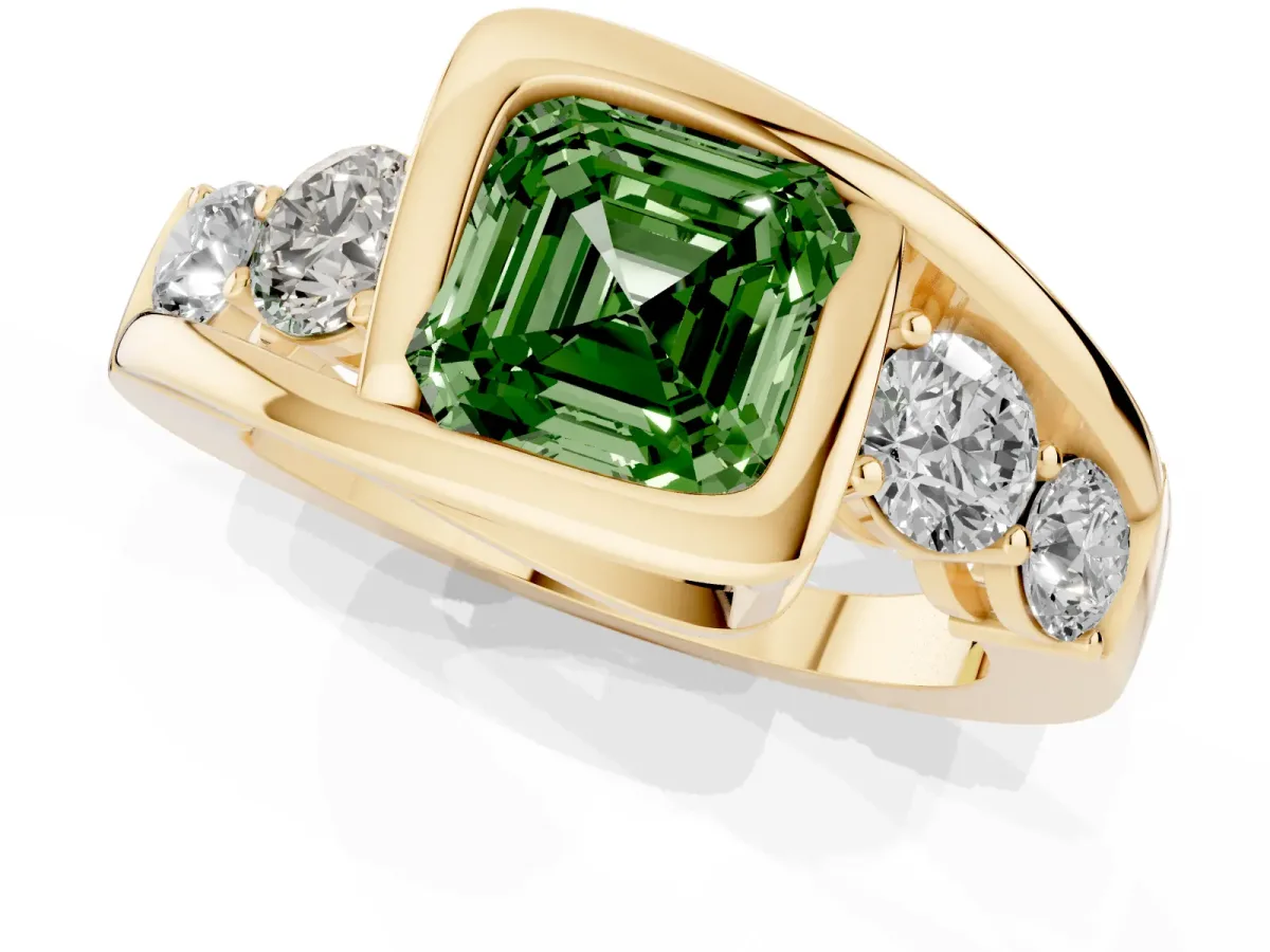 Fancy Green Bezel Set Asscher Cut Diamond Bypass Ring with Round Accents Yellow gold