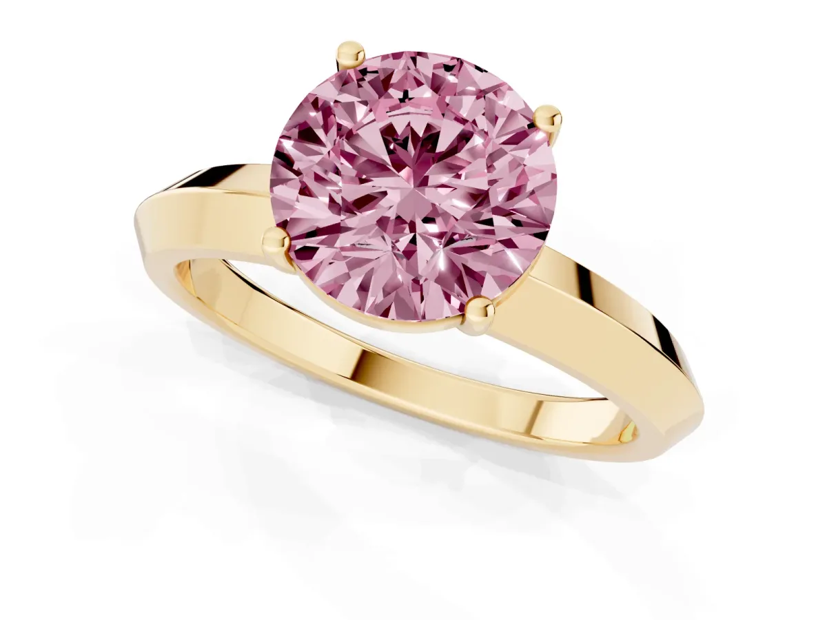 Fancy Pink Round Cut Cut Solitaire Engagement Ring with Flat Band and Four-Prong Setting Yellow gold