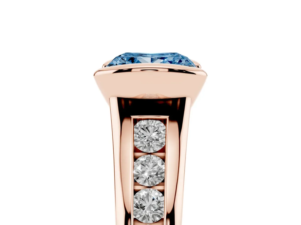 Fancy Blue Princess Cut Solitaire Bezel-Set Diamond Ring with Channel-Set Band Rose gold