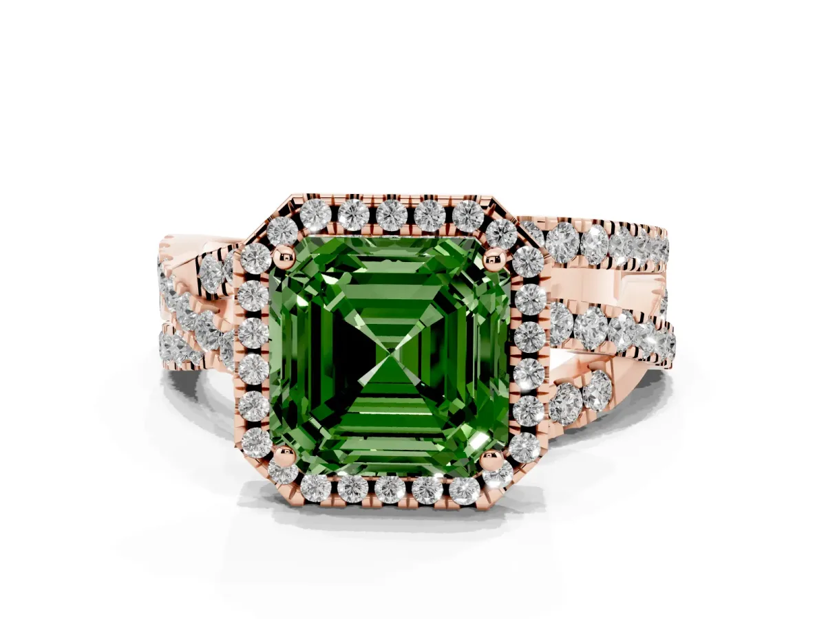 Fancy Green Asscher Cut Diamond Halo Ring with Round Split Shank and Prong Setting Rose gold