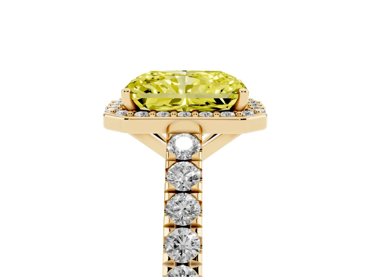 Fancy Yellow Radiant Cut Cut Halo Diamond Engagement Ring with Pave Band and Four-Prong Setting Yellow gold