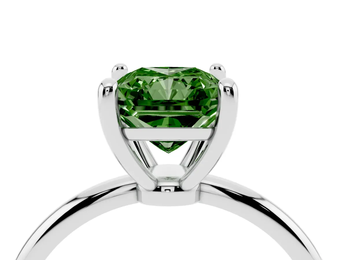Fancy Green Radiant Cut Solitaire Diamond Ring with 4-Prong Setting on a Classic Band Silver