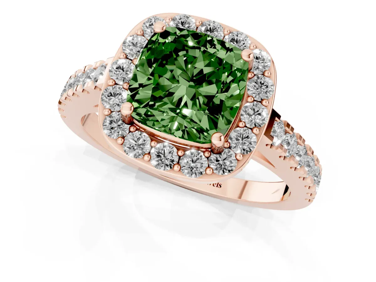 Fancy Green Cushion Cut Diamond Halo Ring with Round Pavé Split Shank and Prong Setting Rose gold