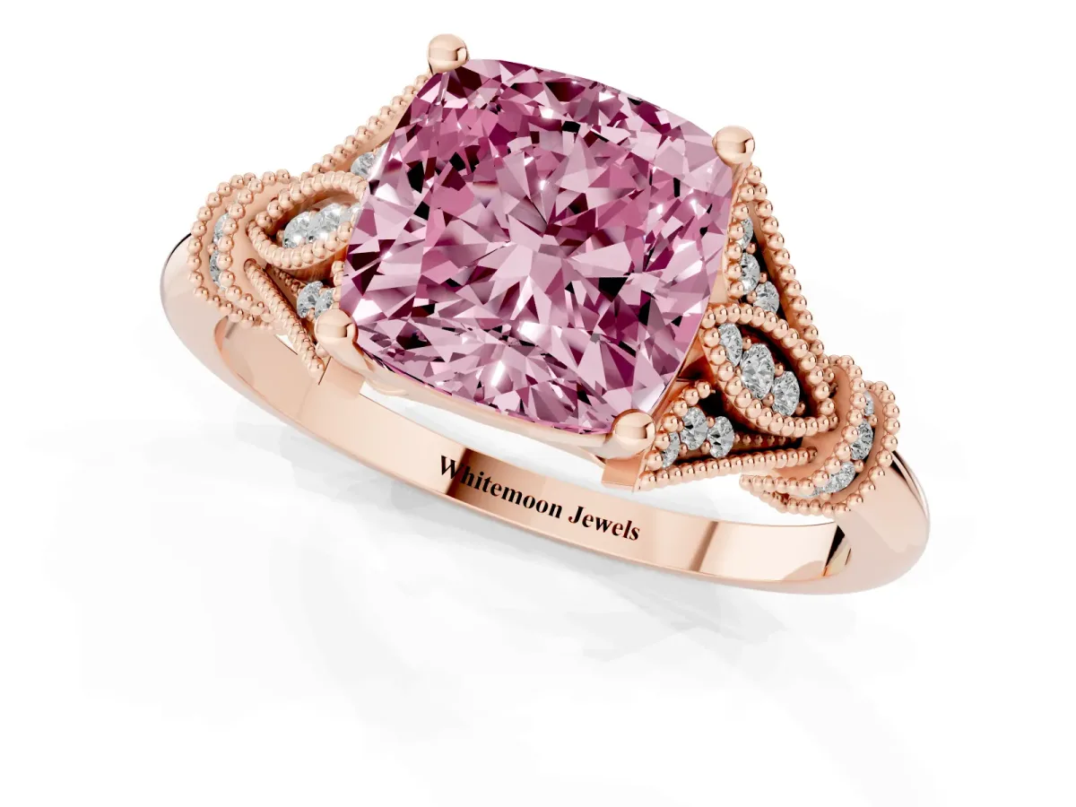 Fancy Pink Cushion Cut Diamond Solitaire Ring with Floral Filigree and Pave Accents Rose gold