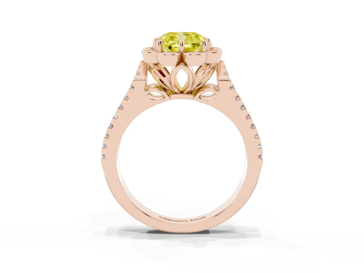 Fancy Yellow Cushion Cut Halo Diamond Floral Split Shank Engagement Ring Rose gold