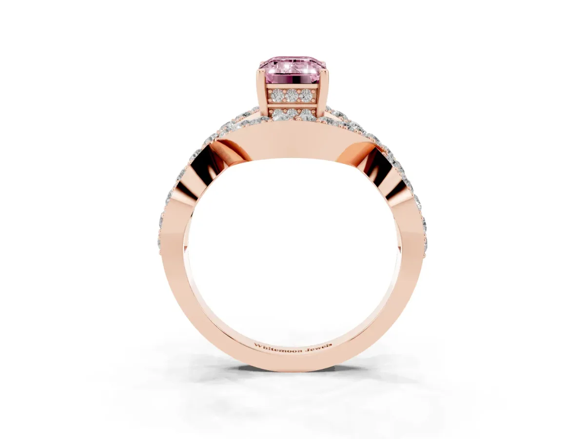 Fancy Pink Emerald Cut Solitaire Twist Band Pavé Diamond Engagement Ring Rose gold