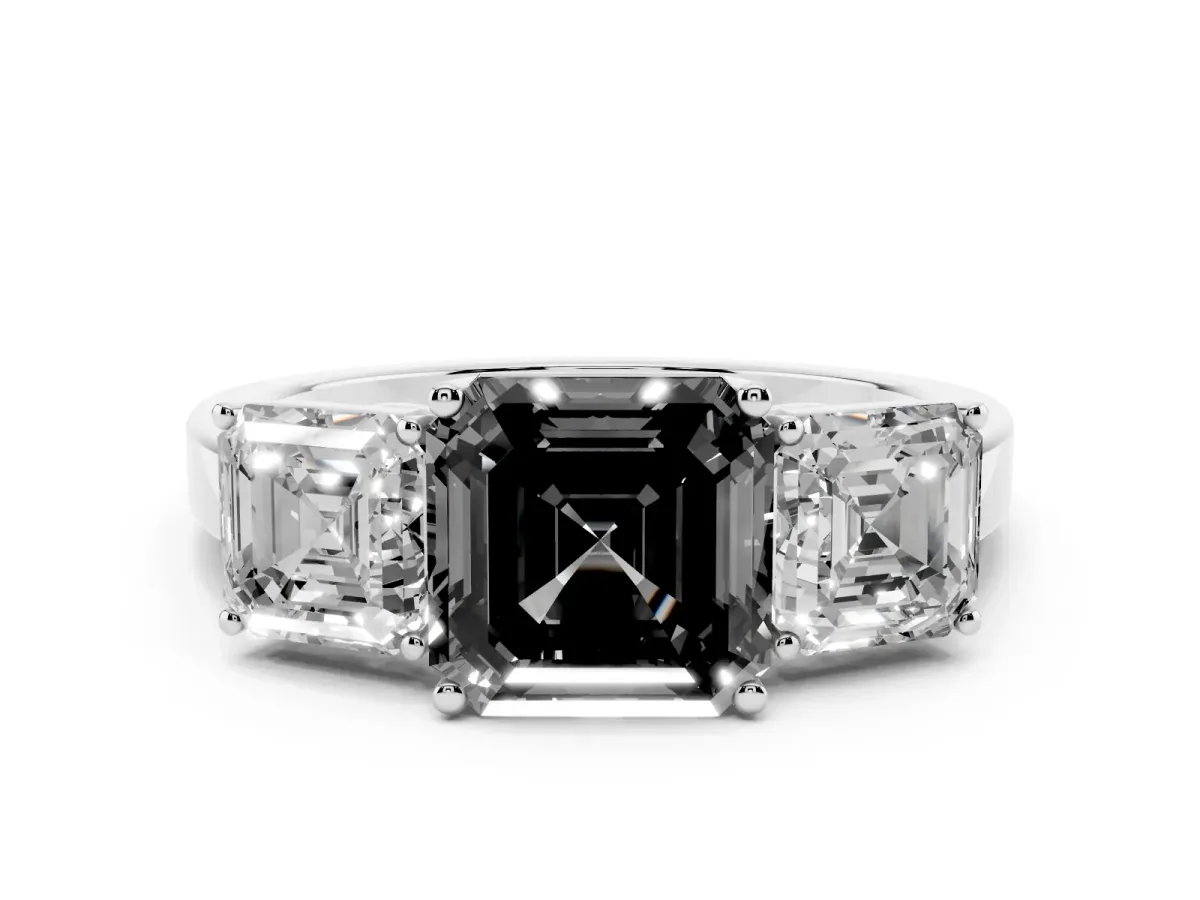 Fancy Black Three-Stone Asscher Cut Cut Diamond Engagement Ring with Flat Band and Four-Prong Setting Silver