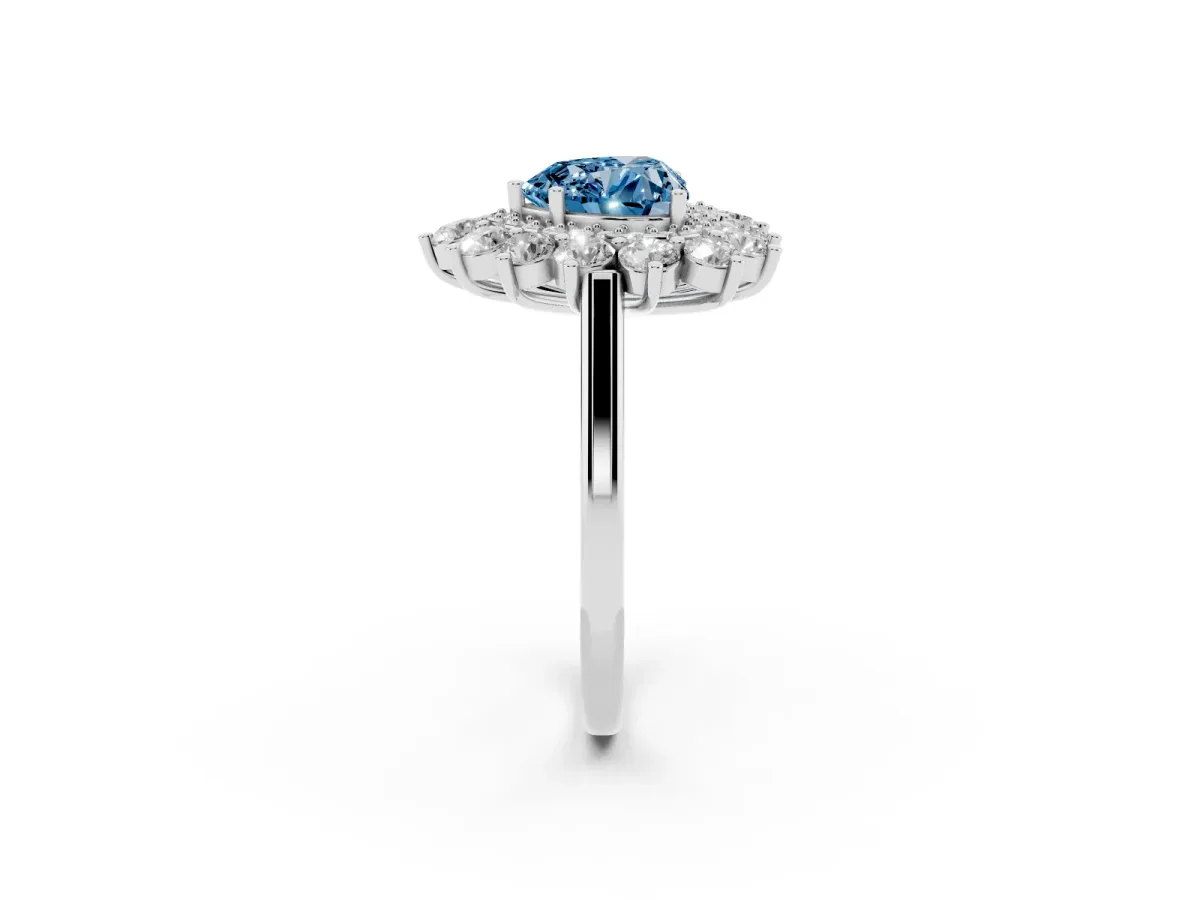 Fancy Blue Heart Cut Diamond Floral Double Halo Engagement Ring with Prong Setting Platinum