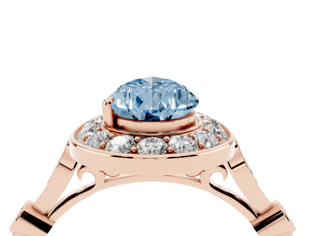 Fancy Blue Pear Cut Halo Diamond Engagement Ring with Twisted Band and Four-Prong Setting Rose gold