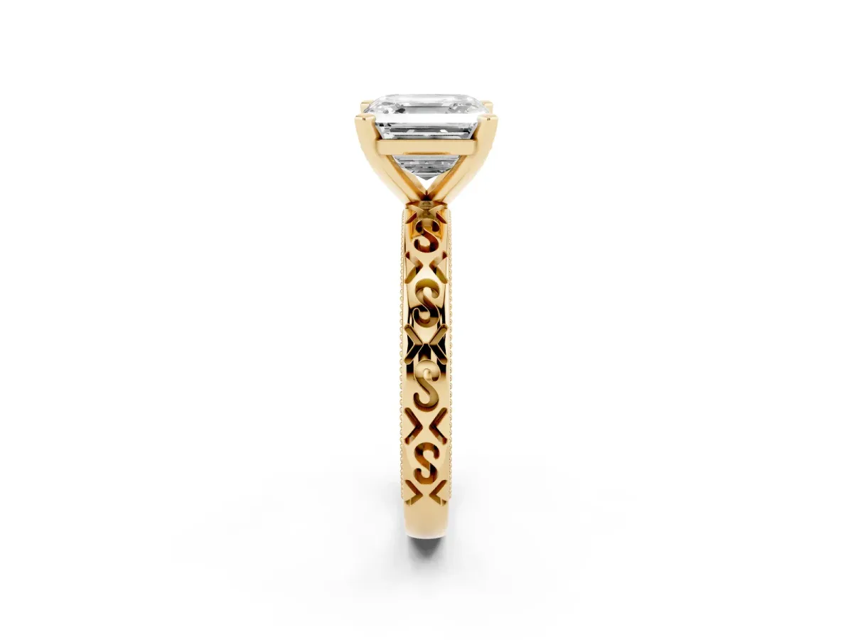 Asscher Cut Solitaire Engagement Ring with Scrollwork Band and Four-Prong Setting Yellow gold