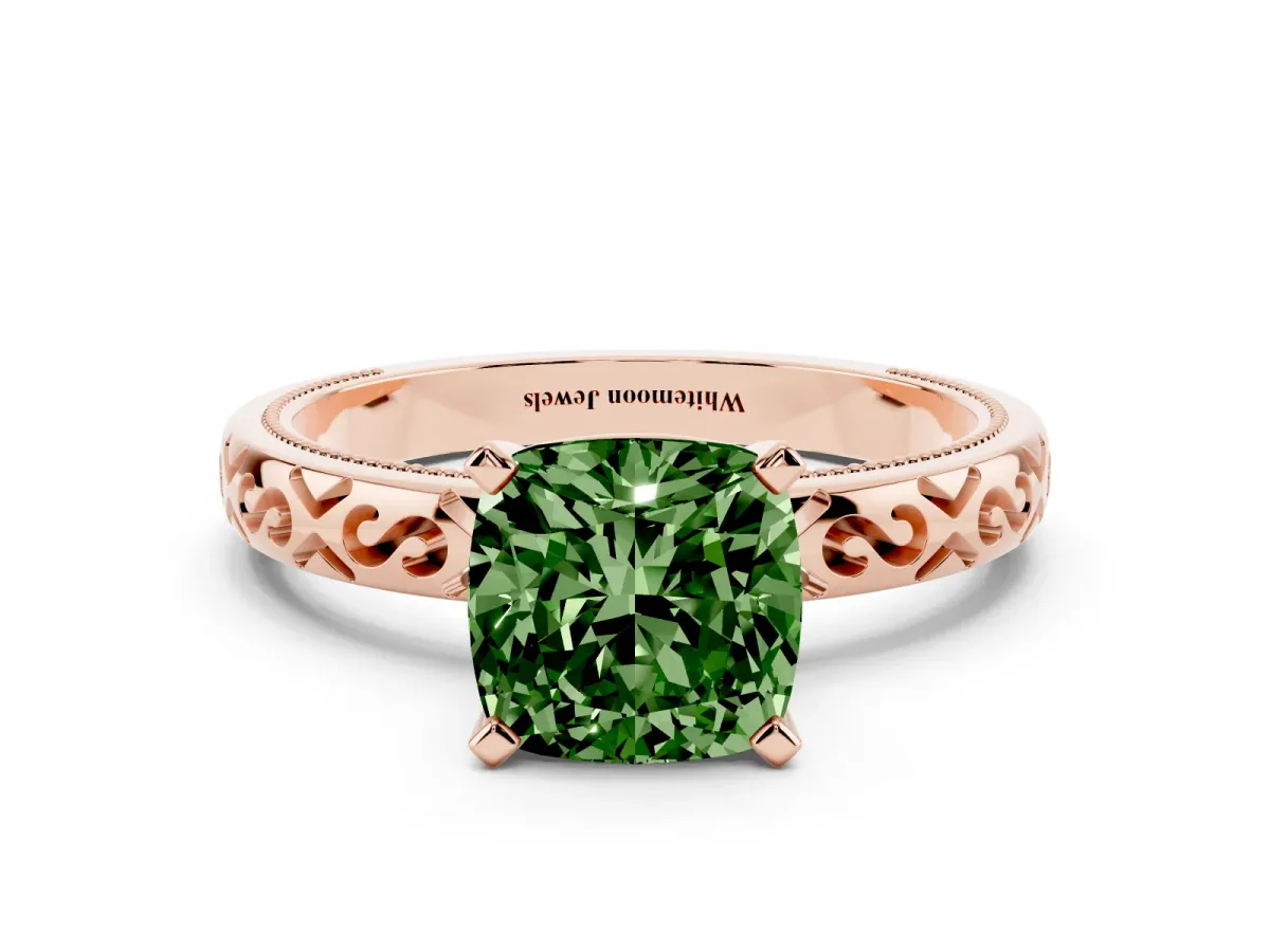Fancy Green Cushion Cut Solitaire Engagement Ring with Scrollwork Band and Four-Prong Setting Rose gold