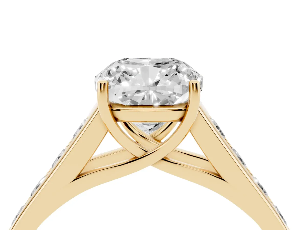 Cushion Cut Solitaire Channel-Set Diamond Engagement Ring with Four-Prong Setting Yellow gold
