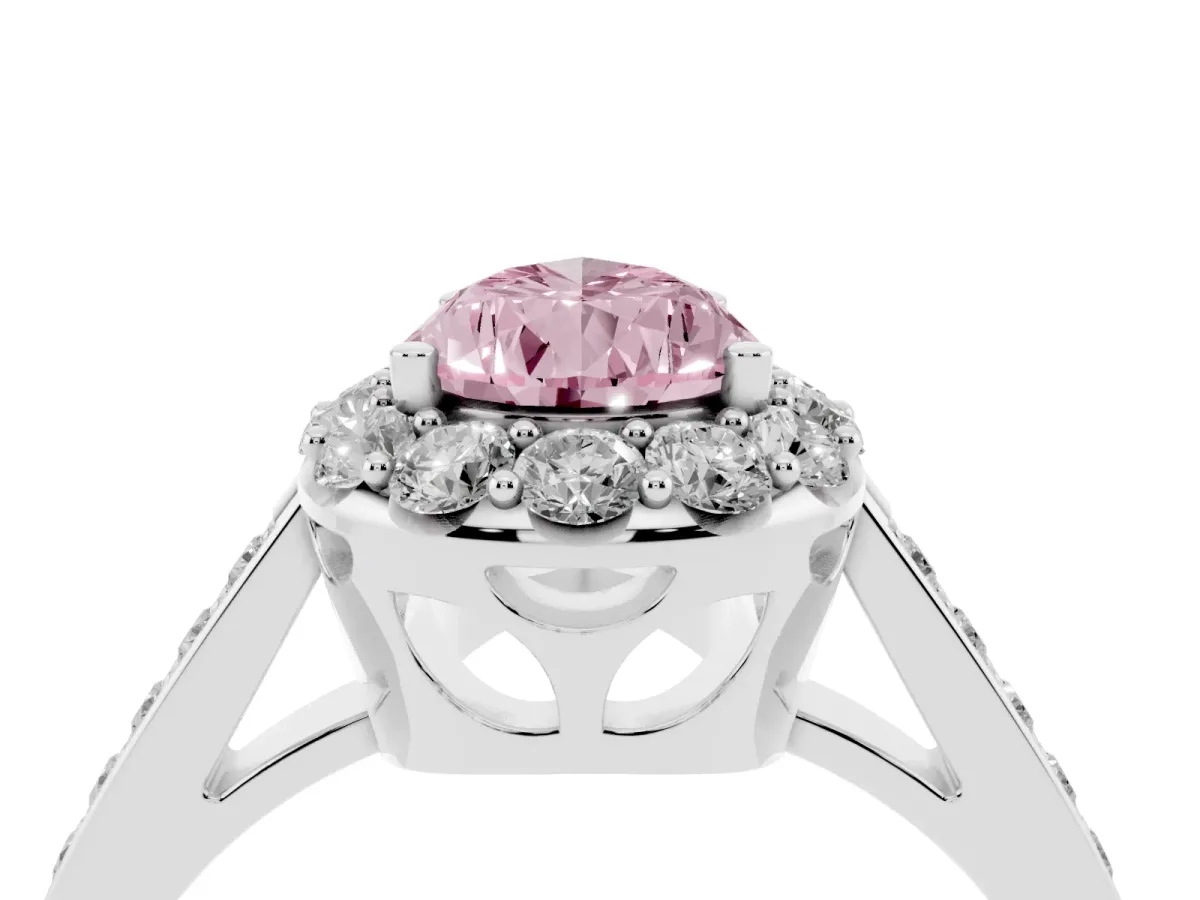 Fancy Pink Pear Cut Diamond Floral Halo Ring with Pavé Band and Prong Setting Platinum