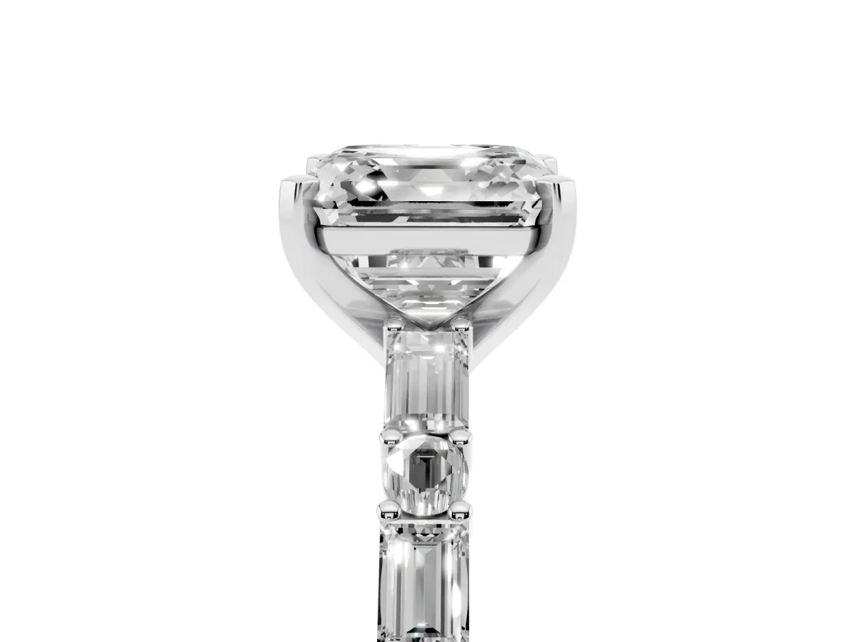 Asscher Cut Diamond Solitaire with Side Baguettes and Channel Set Band Silver