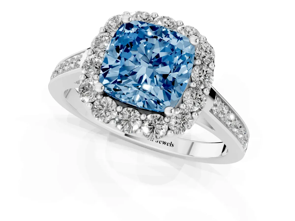 Fancy Blue Cushion Cut Diamond Floral Halo Ring with Pavé Band and Prong Setting White gold
